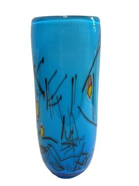 Art Glass Millefiori Blue Vase Cased Glass Hand Blown Polished Bottom 9" Tall No